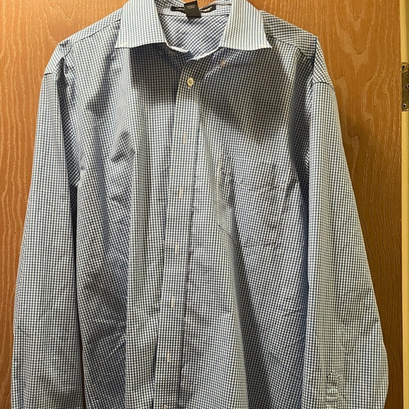 Devon & Jones Large Button Down Checked Blue and White Long Sleeve Shirt - Picture 10 of 10